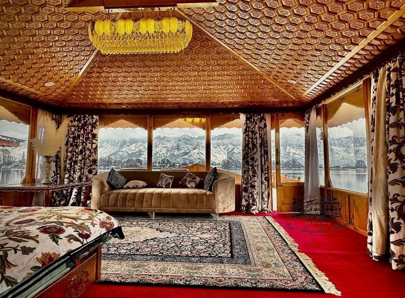An interior bedroom view from one of Kashmir's famous Lake Houseboats
